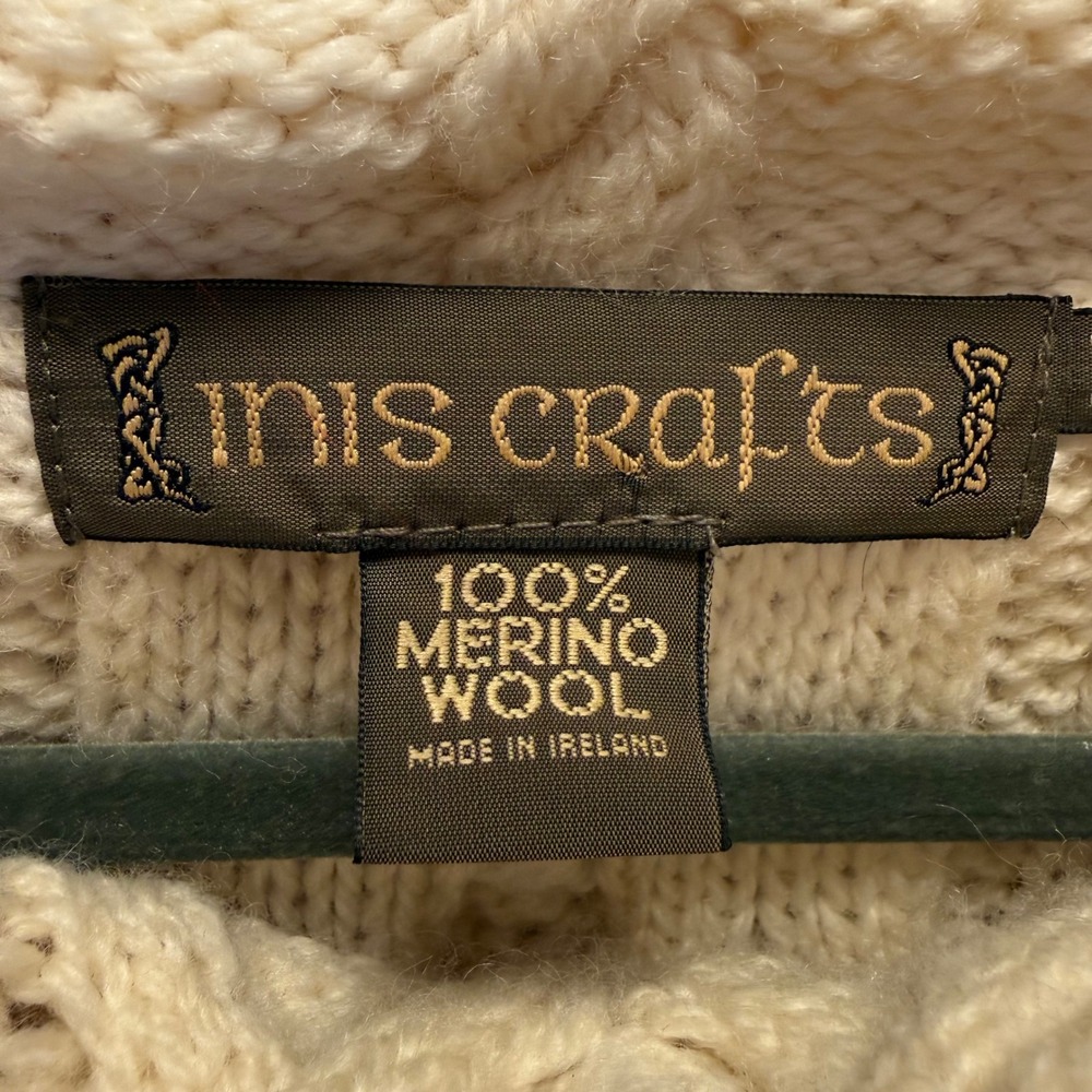 Inis Crafts Ireland Merino Wool Fisherman Cable Knit Cowl Neck Sweater Cream M L